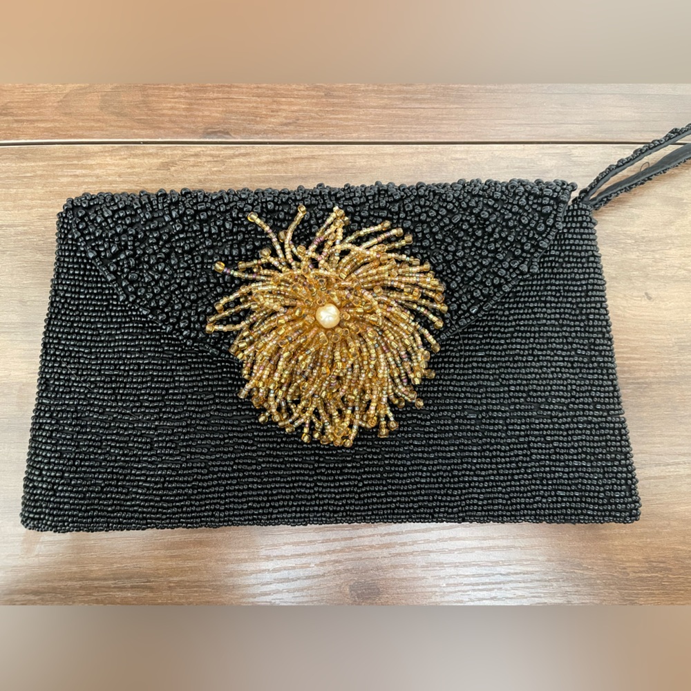 Vintage Black Beaded Evening Clutch with Gold Starburst Floral Detail